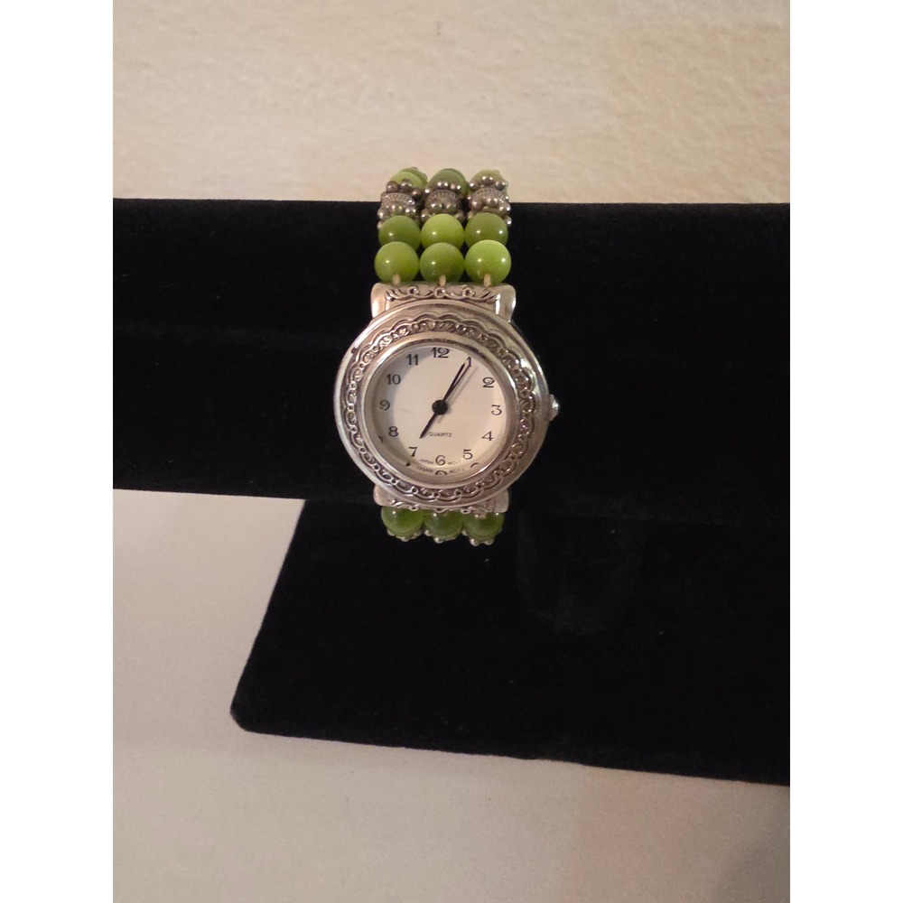 Vintage Green Cats Eye Beaded Stretch Watch Silver Tone Japan Movt 93917-1/T